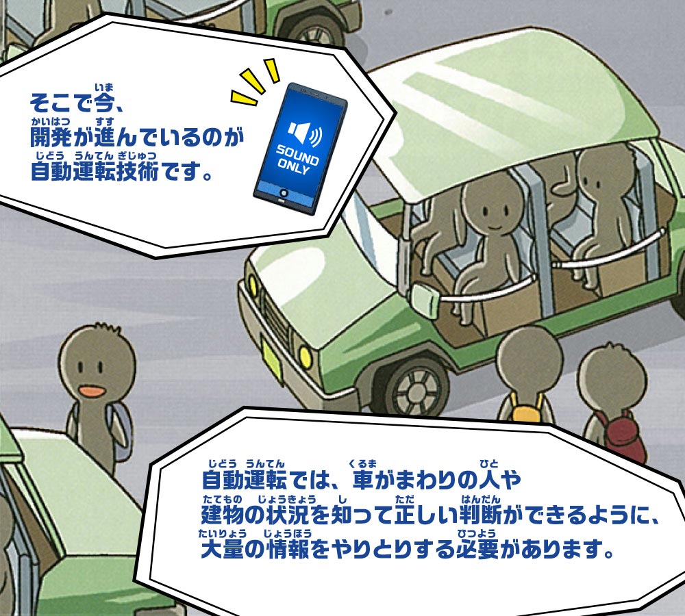 スマホ：そこで今、開発が進んでいるのが自動運転技術です。自動運転では、車がまわりの人や建物の状況を知って正しい判断ができるように、大量の情報をやりとりする必要があります。