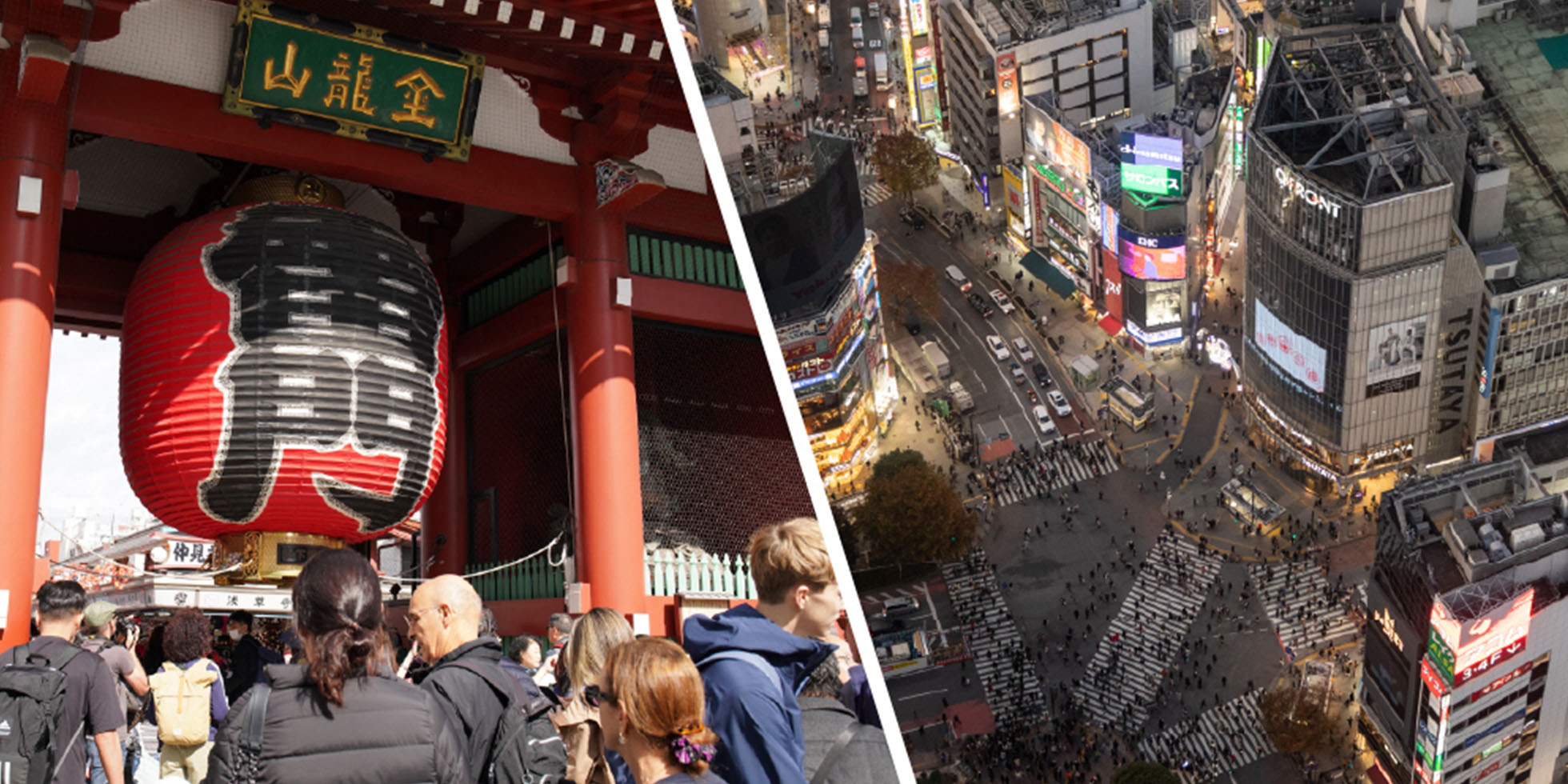 Kaminarimon di Kuil Senso-ji (kiri) dan Persimpangan Shibuya Scramble© Tokyo Convention＆Visitors Bureau (kanan).
