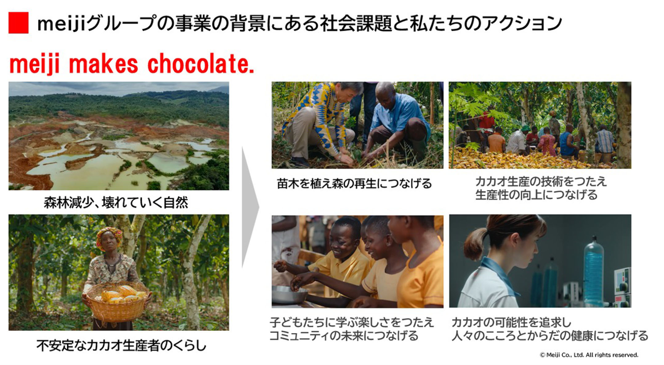 画像：meijiグループのチョコレート生産事業の背景にある社会課題と、それに対するmeiji グループのアクションについて説明する図