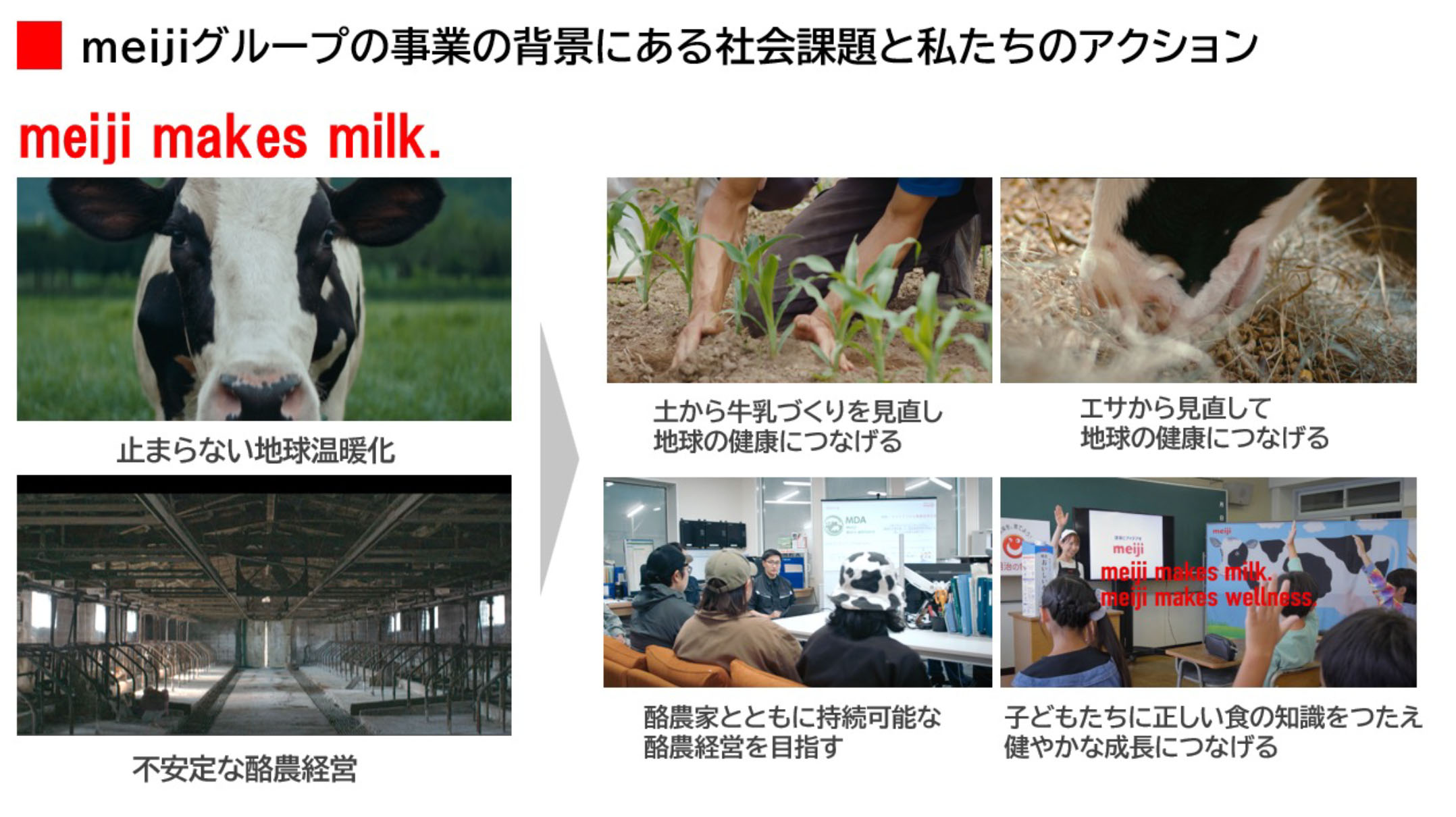 画像：meijiグループの生乳生産事業の背景にある社会課題と、それに対するmeiji グループのアクションについて説明する図