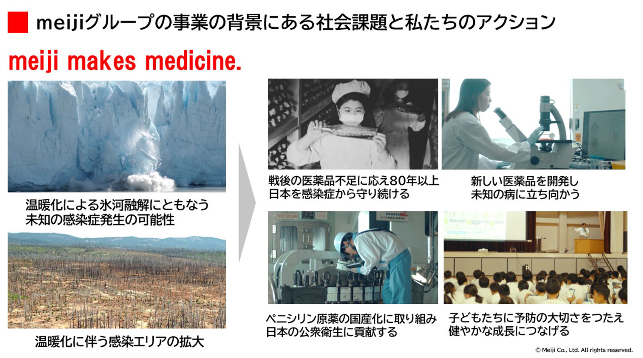 画像：meijiグループの医薬品生産事業の背景にある社会課題と、それに対するmeiji グループのアクションについて説明する図