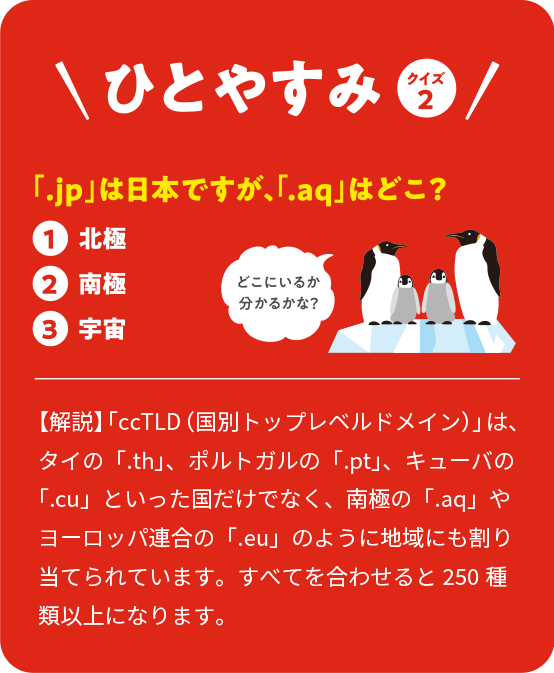 ひとやすみ クイズ2 「.jp」は日本ですが、「.aq」はどこ？①北極②南極③宇宙 【解説】「ccTLD（国別トップレベルドメイン）」は、タイの「.th」、ポルトガルの「.pt」、キューバの「.cu」といった国だけでなく、南極の「.aq」やヨーロッパ連合の「.eu」のように地域にも割り当てられています。すべてを合わせると250種類以上になります。
