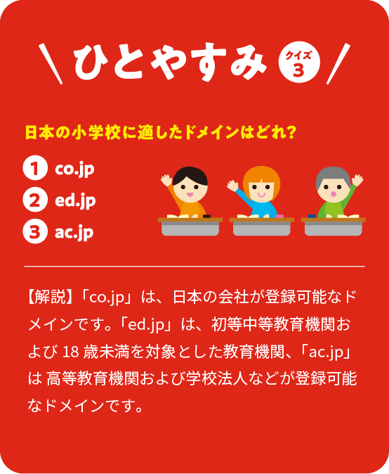 ひとやすみ クイズ3 日本の小学校に適したドメインはどれ？ ①co.jp②ed.jp③ac.jp 【解説】「co.jp」は、日本の会社が登録可能なドメインです。「ed.jp」は、初等中等教育機関および18歳未満を対象とした教育機関、「ac.jp」は 高等教育機関および学校法人などが登録可能なドメインです。