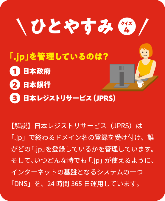 ひとやすみ クイズ4 「.jp」を管理しているのは？ ①日本政府②日本銀行③日本レジストリサービス（JPRS）【解説】日本レジストリサービス（JPRS）は「.jp」で終わるドメイン名の登録を受け付け、誰がどの「.jp」を登録しているかを管理しています。そして、いつどんな時でも「.jp」が使えるように、インターネットの基盤と
                      なるシステムの一つ「DNS」を、24時間365日運用しています。