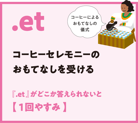.et コーヒーセレモニーのおもてなしを受ける 『.et 』がどこか答えられないと【 1回やすみ 】コーヒーによるおもてなしの儀式