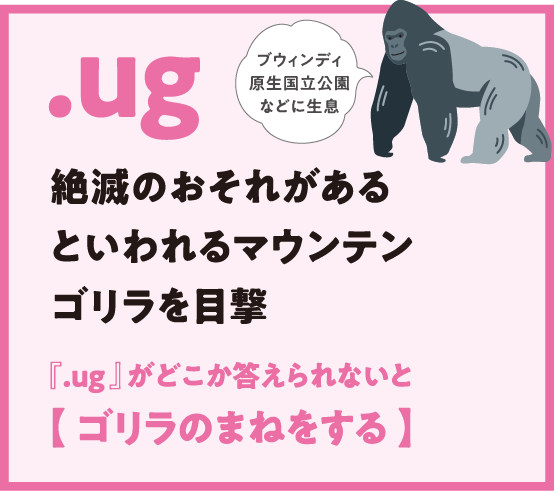 .ug 絶滅のおそれがあるといわれるマウンテンゴリラを目撃 『.ug 』がどこか答えられないと【 ゴリラのまねをする 】ブウィンディ原生国立公園などに生息
