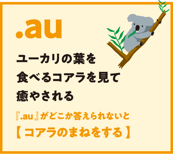 .au ユーカリの葉を食べるコアラを見て癒やされる 『.au 』がどこか答えられないと【 コアラのまねをする 】
