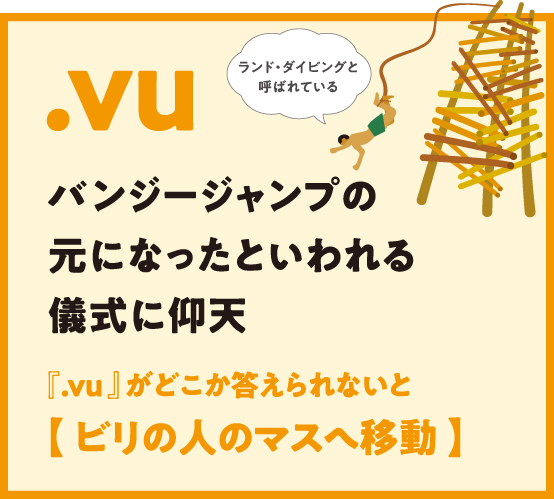 .vu バンジージャンプの元になったといわれる儀式に仰天 『.vu 』がどこか答えられないと【 ビリの人のマスへ移動 】ランド・ダイビングと呼ばれている
