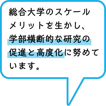 総合大学のスケールメリットを生かし、学部横断的な研究の促進と高度化に努めています。