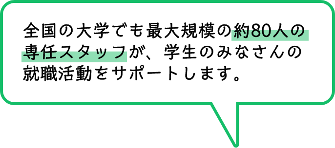 全国の大学でも最大規模の約80人の専任スタッフが、学生のみなさんの就職活動をサポートします。