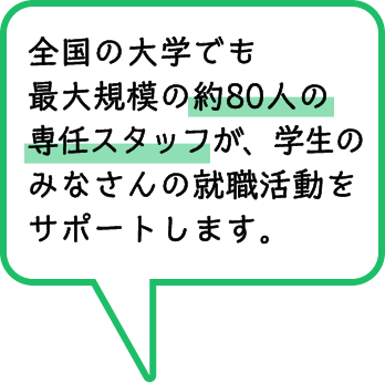 全国の大学でも最大規模の約80人の専任スタッフが、学生のみなさんの就職活動をサポートします。