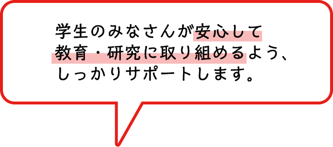 学生のみなさんが安心して教育・研究に取り組めるよう、しっかりサポートします。
