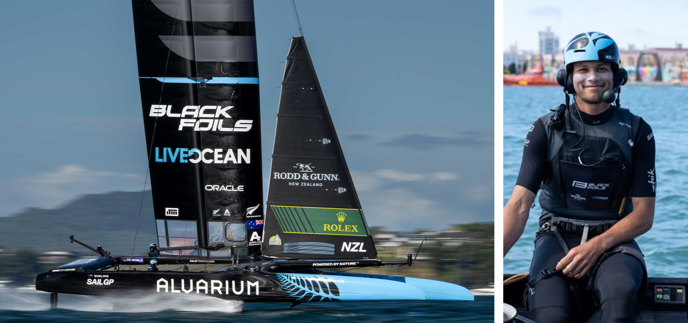 疾走するニュージーランドチーム「ブラックフォイルズ」艇（左）と高橋レオ（右）©Rolex/Ricardo Pinto for SailGP／高橋レオ選手提供
