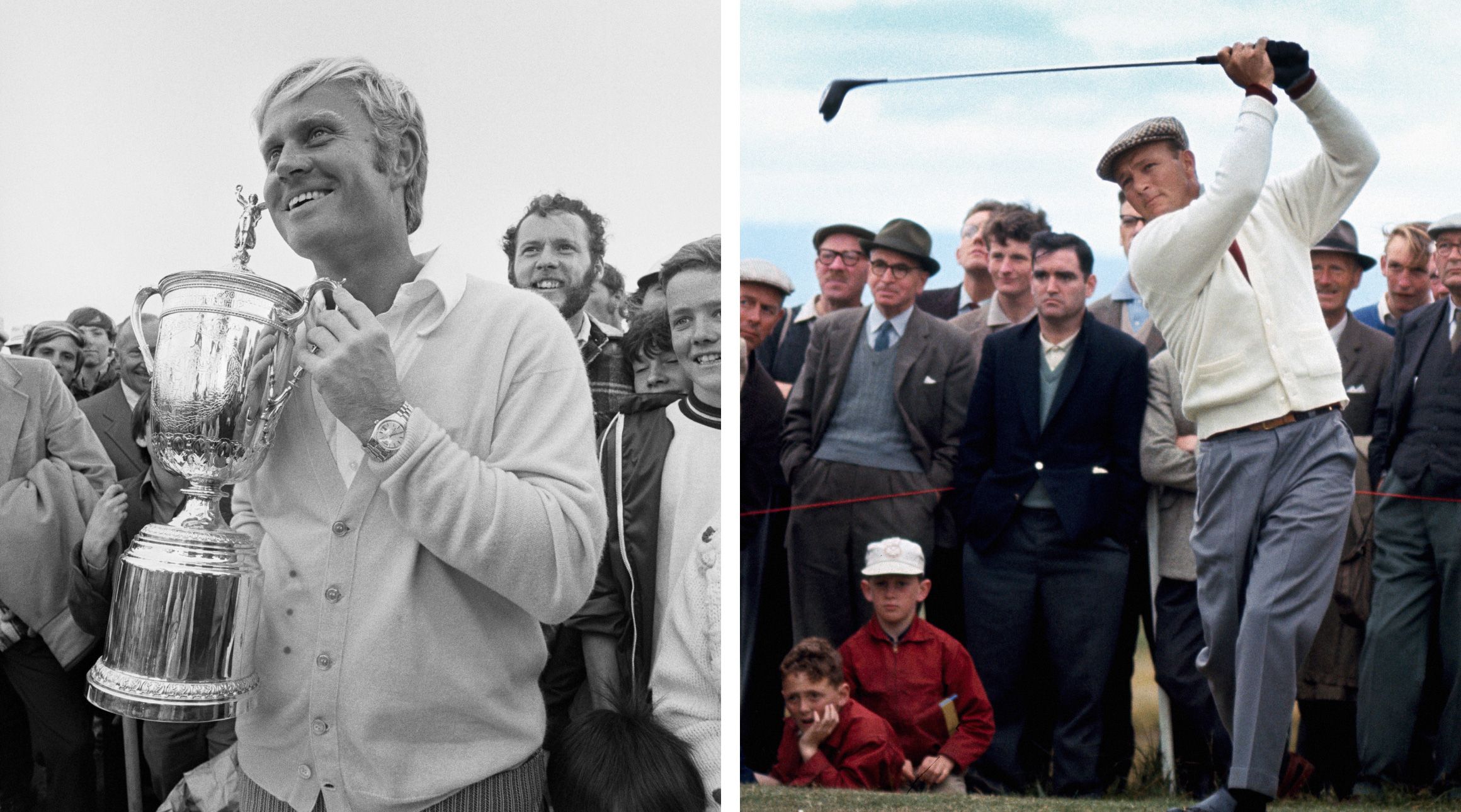 （写真左）1978年の全英オープンで優勝したロレックス テスティモニーのジャック・ニクラス　© Rolex / Bob Thomas Getty Images<br>（写真右）1962年の全英オープンで優勝したロレックス テスティモニーのアーノルド・パーマー　© Rolex / Gerry Cranham Offside Sports Photography