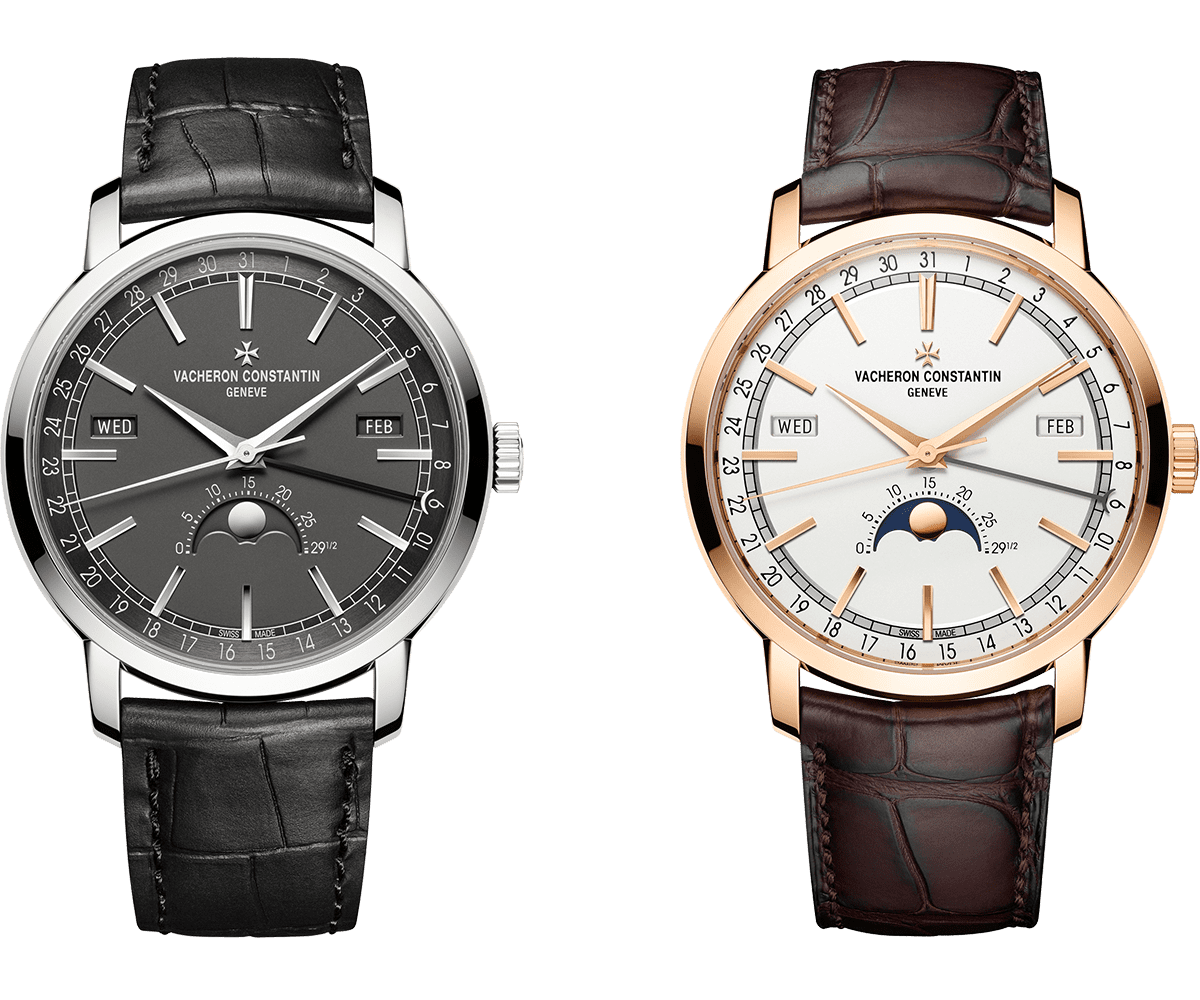 ３時位置に月、９時位置に曜日表示窓を備え、文字盤外周の日付をセンター針が指し示すメゾン伝統のカレンダー様式を採用。６時位置にはムーンフェイズを搭載。ホワイトゴールドケースにはグレーダイヤルを、ピンクゴールドケースにはホワイトダイヤルを組み合わせた。シックな品格を感じさせるモデル。自動巻き、ケース径41㎜、３気圧防水、アリゲーターストラップ。ジュネーブシール取得。ＷＧケース仕様、ＰＧケース仕様ともに4,884,000円。