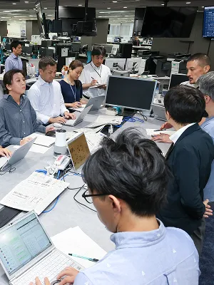 編集局員がテーブルを囲み、その日の紙面づくりについて意見交換している様子